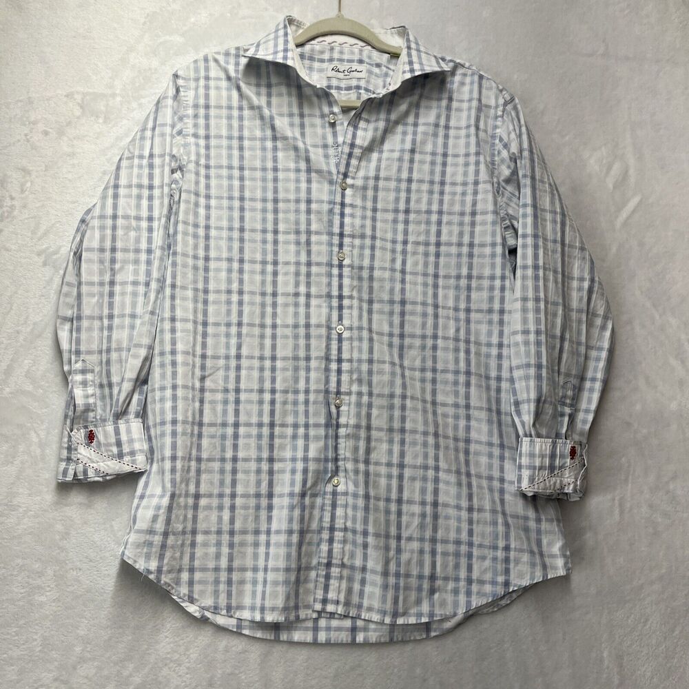 Robert Graham Button Up Shirt Mens L/XL 43 17 Blue Plaid L/S Flip Cuff‎ **READ**